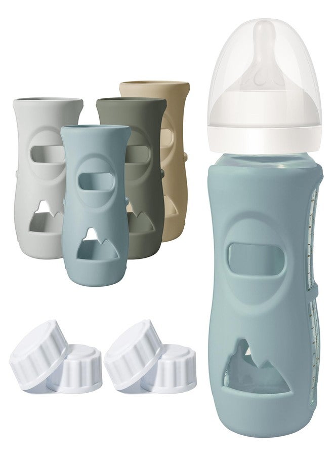 مجموعة من 4 أغطية سيليكون من Joxodak لزجاجة Philips Avent Natural الزجاجية، غطاء سيليكون صالح للطعام و4 أغطية سفر بديلة (أزرق داكن + أخضر داكن + رمادي + بيج، 8 أونصة) - Image 1